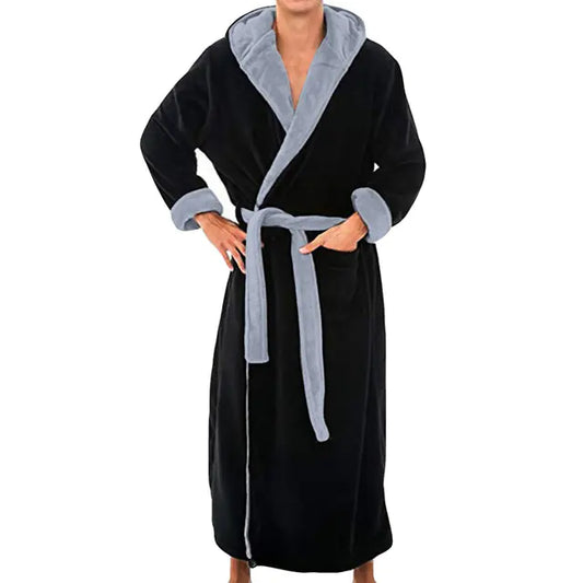 Men's Thick Flannel Hooded Bathrobe for Winter