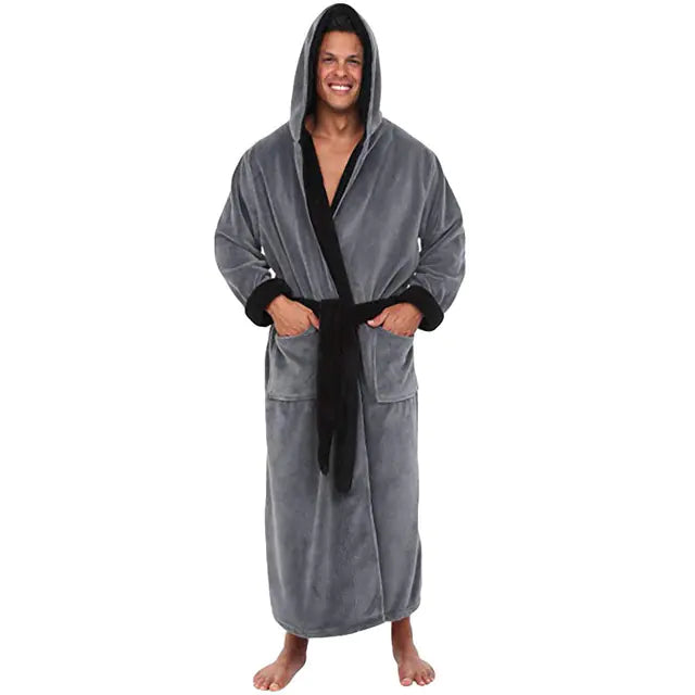 Men's Thick Flannel Hooded Bathrobe for Winter