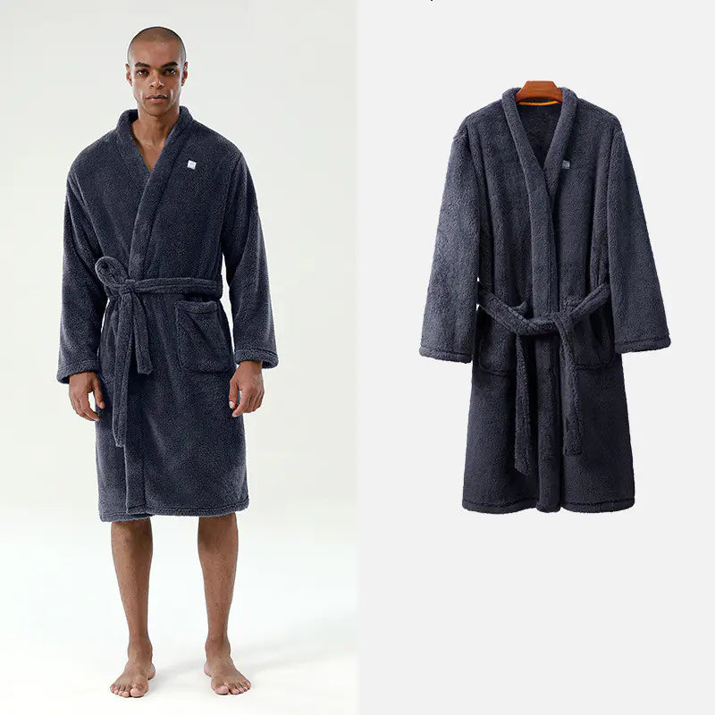Men's Long Coral Fleece Bathrobe - Thick Winter Robe