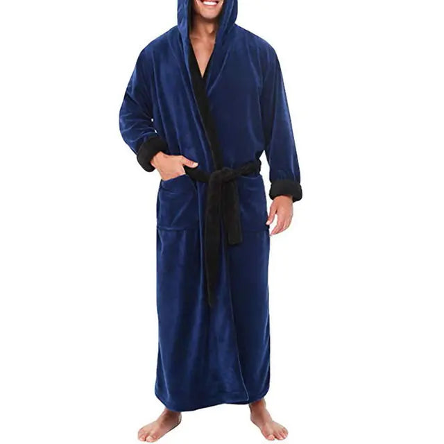 Men's Thick Flannel Hooded Bathrobe for Winter