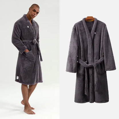 Men's Long Coral Fleece Bathrobe - Thick Winter Robe