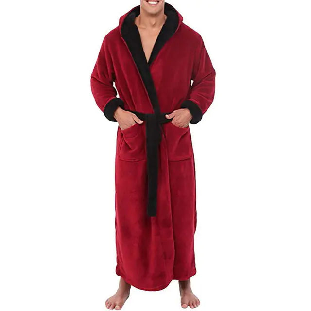 Men's Thick Flannel Hooded Bathrobe for Winter